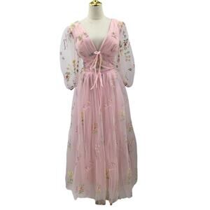 GARDEN PARTY SZ 14 1X Plus Pink Floral Embroidered Lace Up Maxi Dress NEW B159